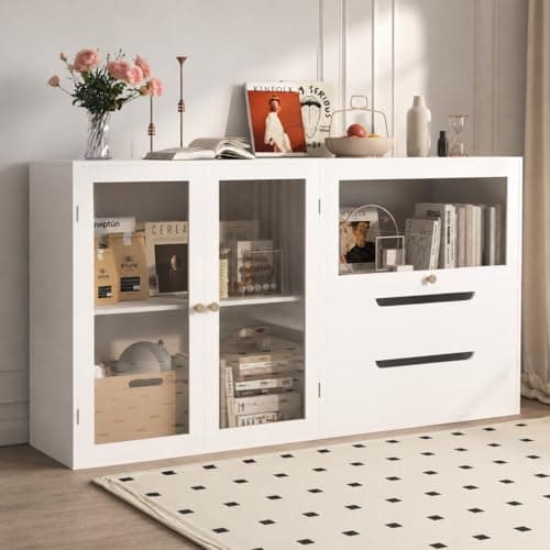 Easyego 63‘’Storage Cabinet,Sideboard Buffet Cabinet with Glass Doors and Drawers,Modern Wood Coffee Bar for Kitchen, Living Room,Dining Room,Entryway (White) - Image 1