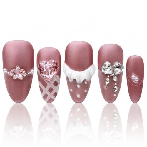 Handmade Nails Medium Pink Almond Press On Nails Press On Women Gifts 3D French Tip Press On Nails Stick On Nails For Women COOLYOUNG 15 PCS, Size S - Image 1
