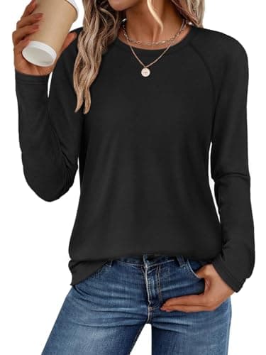 ATHMILE Long Sleeve Shirts for Women Casual Batwing T Shirt Round Neck Basic Loose Tunic Tops Black - Image 1