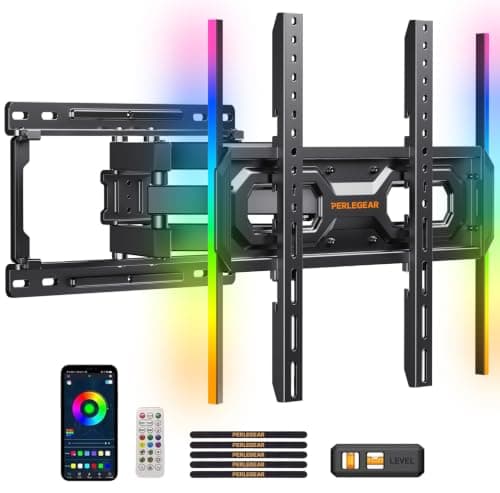 Perlegear AuraFrame™ Pre-Assembled TV Wall Mount with LED Lights for 26-65 inch TVs up to 99 lbs, Max VESA 400x400mm, Swivel, Extension, Tilt, TV Backlights with Music Sync, Fits 16”/12” Wood Studs - Image 1