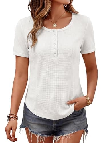 Bellcoco Women's Waffle Knit Tops Short Sleeve Button Henley Shirts Business Casual Blouses Lightweight Summer Top 2026 White XXL - Image 1