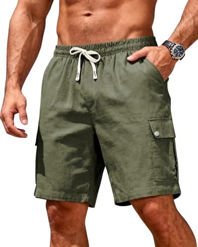TRFIC Men's Cotton Linen Cargo Shorts - Elastic Waist with Drawstring, 6 Pockets, Summer Beach Vacation, Casual Lounge X-Large Army Green - Image 1