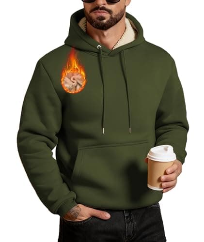 ZITY Men Sherpa Sweatshirt Fleece Lined Winter Hoodie Heavyweight Pullover Crew Neck Thick Fleece Hoodies Warm with Pocket Army Green - Image 1