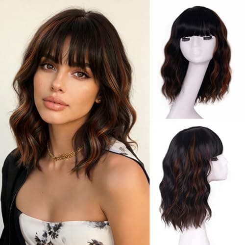 ONICE Short Bob Wig With Bangs Natural Looking Curly Wigs For Wowen Highlight Hair Replacement Wig For Everyday Hairstyle 14 Inches (Black Mixed Brown) - Image 1
