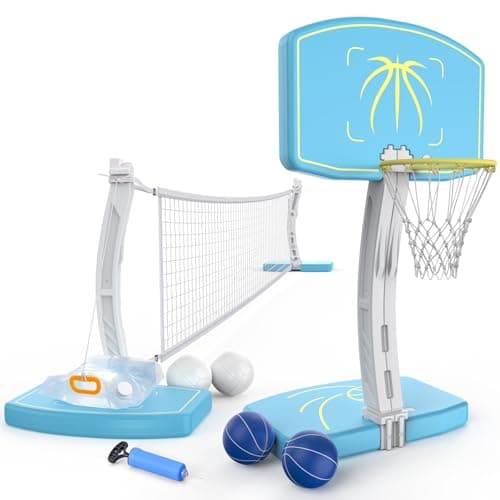 MAGTHIC 2-in-1 Pool Basketball Hoop & Pool Volleyball Net Set, Adjustable Volleyball Net for Pool, Stainless Steel Basketball Hoop for Pool, Swimming Pool Games for Summer Party