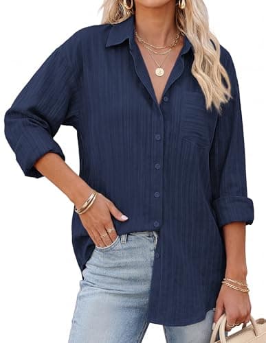 GRACE KARIN Women's 2026 Cotton Button Down Blouses, Dressy Casual Long Sleeve Shirts, Trendy Summer Collared Work Tops Navy Blue M - Image 1