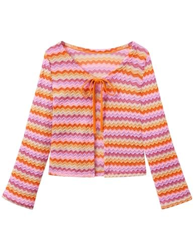 ZAFUL Swimsuit Coverup Shirt for Women Crochet Cardigan Bathing Suit Cover Up Long Sleeve Cover Ups Top Zigzag Orange L - Image 1