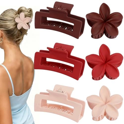 Flower Hair Clips for Women Square Claw Clips for Girls 2 Styles Hair Claw Clips for Thick or Thin Hair 6 PCS Hawaiian Hibiscus Rectangle Large Plumeria Medium Hair Accessories for Women (Red) - Image 1