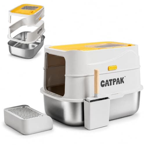 CATPAK Stainless Steel Cat Litter Box with Removable Cover – Large Enclosed Litter Box with Front & Top Entry, Includes Litter Mat and Scoop for Easy Cleaning (X-Large) - Image 1