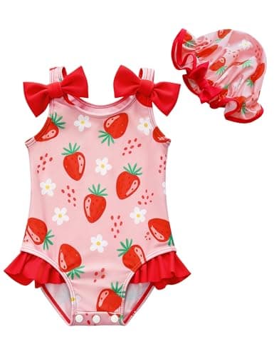 GEMLON Baby Girls Swimsuit One Piece with Hats Strawberry Printed Ruffled Bow Beach Swimwear 24 Month Swimsuit Girl - Image 1
