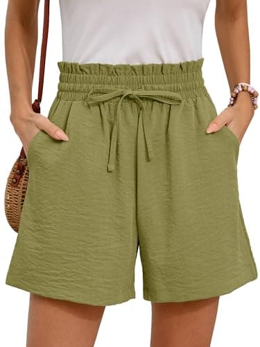 Moodclo Summer Casual Shorts Yellow Green 2X-Large with Pockets Loose Fitting 2026 Clothes High Waisted Wide Leg Drawstring Beach Vacation Trendy Outfits - Image 1