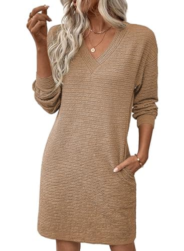 EVALESS Spring Dresses for Women 2026 Fashion V Neck Long Sleeve Summer Mini Dress Solid Casual Beach Vacation Clothes Tshirt Dresses with Pockets Women's Clothing Light French Beige XX-Large - Image 1
