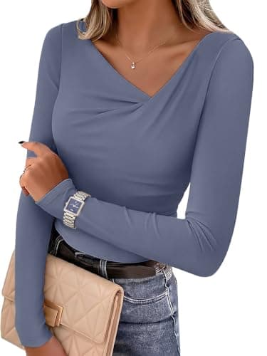 Lepunuo Tshirt Shirts for Women Long Sleeve Asymmetrical Neck Ribbed Knit Fitted Y2K Fall Going Out Trendy Work Blouse A - Blue - Image 1