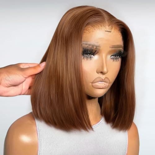 MEGOOD 13x4 Brown Bob Wig Human Hair 12 Inch13x4 HD Lace Frontal Short Straight Lace Front Bob Wigs For Black Women Chocolate Brown Human Hair Wig Pre Plucked Glueless Side Part Chocolate Brown Wig - Image 1
