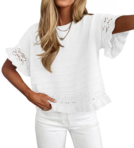 KIRUNDO Short Sleeve Sweater for Women 2026 Spring Summer Tops Crochet Round Neck Ruffled Hem Knit Pullover Casual Blouse(White, XX-Large) - Image 1