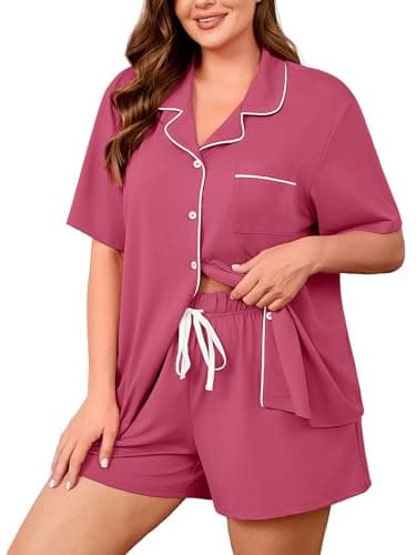 AusLook Plus Size Purple Red Pajama Set for Women Short Sleeve Button Down Sleepwear 2 Piece Loungewear with Pockets Notch Collar Drawstring Pajama Shorts Soft Comfy PJ 4X Set - Image 1