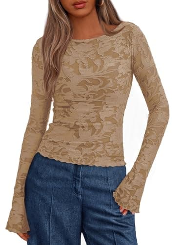 BTFBM Casual Long Sleeve Shirts Fall 2026 Going Out Tops for Women Trendy Floral Work Blouses Bodycon Tunics(Khaki,Large) - Image 1