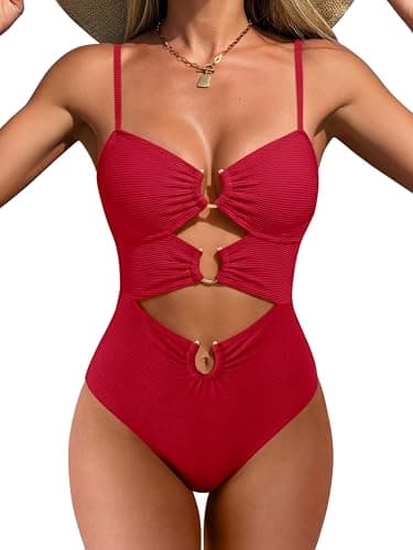ANRABESS Women One Piece Swimsuits Sexy Cutout Full Coverage Bathing Suit Ring Link Ruched Monokini Beach Swimwear Red Medium - Image 1
