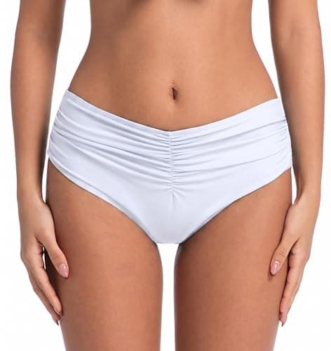 COCOPEAR Mid Rise Bathing Suit Bottoms for Women Ruched Tummy Control Swim Bottoms Full Coverage Bikini Bottoms for Women White XL - Image 1