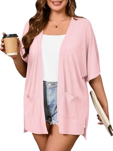AusLook Plus Size Light Pink Cardigan for Women 1X Short Sleeve Lightweight Open Front Shrug with Pockets for Dresses and Layering - Image 1