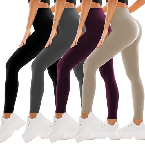 SINOPHANT 4 Pack Leggings for Women - Full Length Capri Buttery Soft High Waisted Yoga Pants for Athletic Workout Sports Black/Grey/Plum Purple/Khaki XXL - Image 1