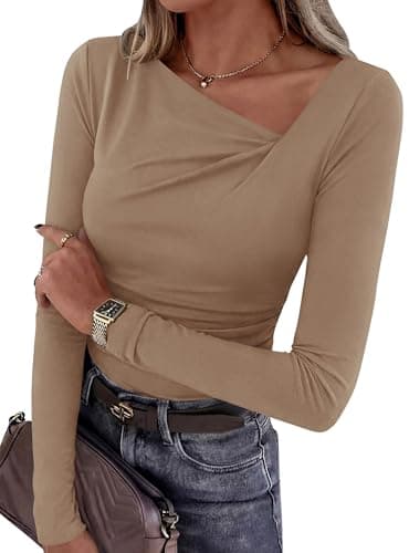 PRETTYGARDEN Women's 2026 Long Sleeve T Shirts Asymmetrical Y2K Slim Fitted Going Out Trendy Tops Early Fall Fashion Clothing (Khaki,XX-Large) - Image 1