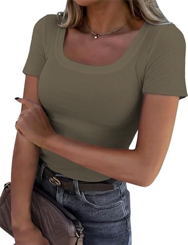 C.O.Z.Y Womens Short Sleeve Scoop Neck Tops Ribbed Knit Basic Tee Casual Summer Fitted Shirts Trendy Outfits Coffee - Image 1