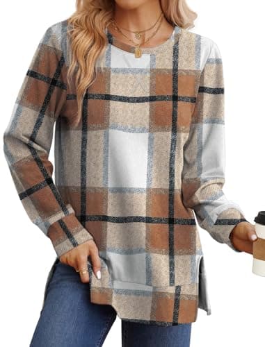 Saloogoe Long Sleeve Shirts for Women Fall Tops Fashion Winter Clothing Crewneck Sweatshirt Old Money Clothes Plaid Shirts Brown L - Image 1