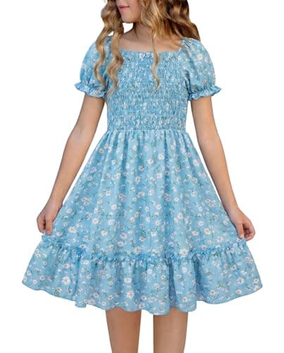 FREELYVE Girls Summer Floral Smocked Dress Square Neck Puff Sleeve Ruffle School Party Teen Sundress,Blue,12-13Y - Image 1