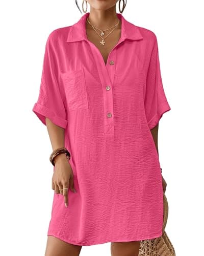 Bsubseach Cover Ups for Swimwear Women Short Sleeve Beach Swimsuit Coverup Loose Shirt Dress 2026 Vacation Outfits Pink S - Image 1