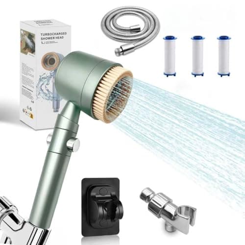 2026Version Turbocharged High Pressure Filtered Shower Head with Handheld & Outlet Soft Brush - 6 Spray Modes, 5-Stage Filtration System, 59" Hose - Chlorine & Hard Water Filter (3 filter cartridges)
