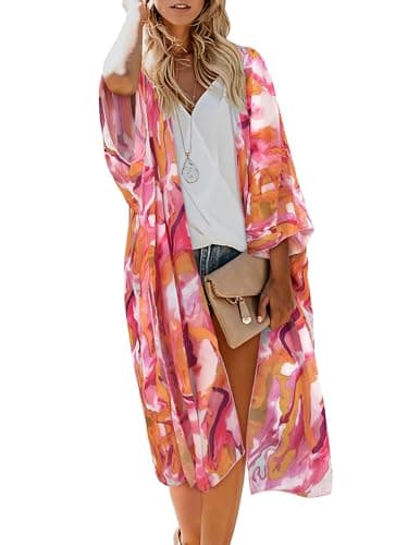MayBuy Beach Cover Ups for Women Kimonos Boho Swimsuit Chiffon Coverups Long Flowy Swimwear Cardigan Summer Open Front Cover Up Pink Purple Floral M - Image 1