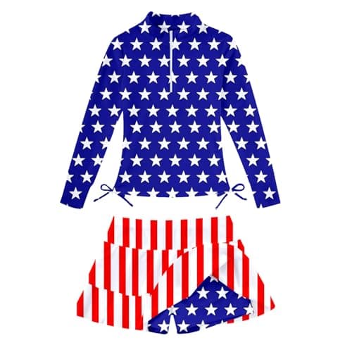 4th of July Long Sleeve Bathing Suits for Kids 8-10 High Waisted Half Zipper Swimwear with Cover Up Skirts 9 Years Big Girls Summer Matching Rash Guard Swimsuits Child 3D Lace Tops Swim Sets