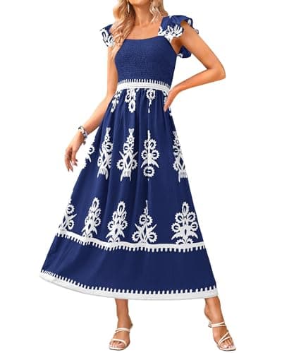 BTFBM Summer Dresses for Women 2026 Casual Floral Boho Sleeveless Square Neck A Line Flowy Beach Maxi Sundress Pockets(Dark Blue White Flower, XX-Large) - Image 1