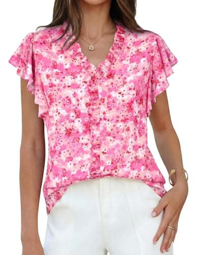 GRACE KARIN 2026 Boho Tops for Women Dressy Casual,Ruffle Sleeve Chiffon Blouses,V Neck Summer Fashion Clothes Pink Floral XL - Image 1