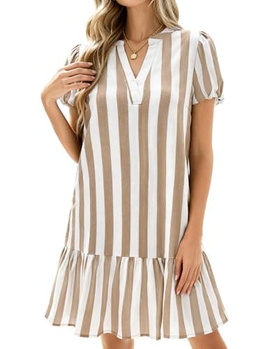 dowerme Womens Summer Dresses 2026 Puffy Sleeve V Neck Loose Floral Print A Line Boho Mini Babydoll Dress with Pockets(Striped Khaki,X-Large) - Image 1