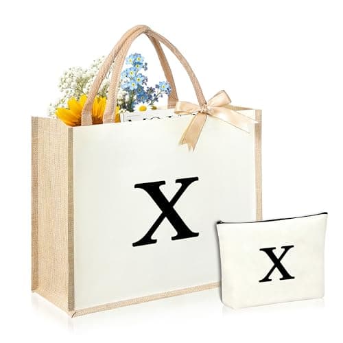 DCLOVERY Initial Canvas Tote Bag & Makeup Bag for Women Teacher Bridesmaids,Personalized Present for Wedding, Birthday, Beach (X, White) - Image 1