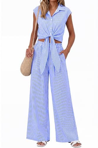 PRETTYGARDEN 2 Piece Sets For Women Summer Striped Button Down Tie Front Crop Tops Wide Leg Pants Floral Lounge Set 2026(Striped Blue,X-Large) - Image 1