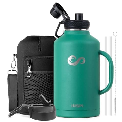 INSPI 64oz Water Bottle with Straw & 2 Lids, Double Wall Vacuum Stainless Steel Metal Large Jug with Handle, Wide Mouth Flask Mug with Carry Pouch for Travel, Keep Cold Hot, 100% Leak Proof, Green - Image 1