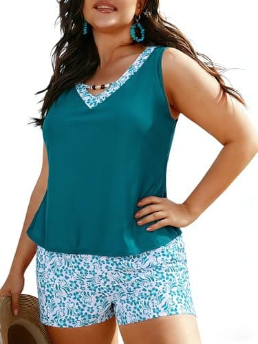 Charming Ashley Plus Size Tankini Swimsuits for Women 2 Piece Full Coverage Swimwear Printing Tank Tops with Board Shorts Lake Blue