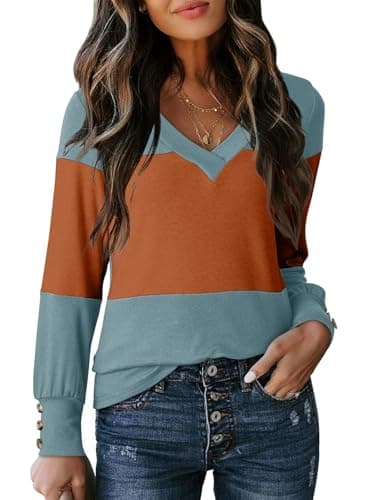 Dokotoo Cute V Neck Color Block Tunic for Women Long Sleeve Loose Fitting Blouse Button Cuffs Tees Baby Blue and Orange XL - Image 1