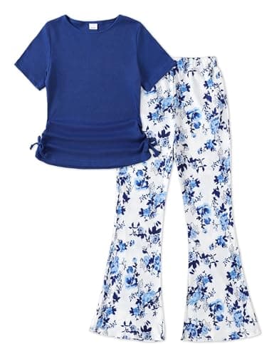 GEMLON Girls Clothes Blue Ruched Short Sleeve Crew Rib Top Flowy Wide Leg Pants 2 Piece Summer Sets Clothes for Girls 12-14 - Image 1
