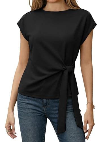 Zhiyouni Women's Summer Tie Tops 2026 Short Sleeves Crewneck Dressy Casual Business Shirt Tops Blouses(Black-L) - Image 1