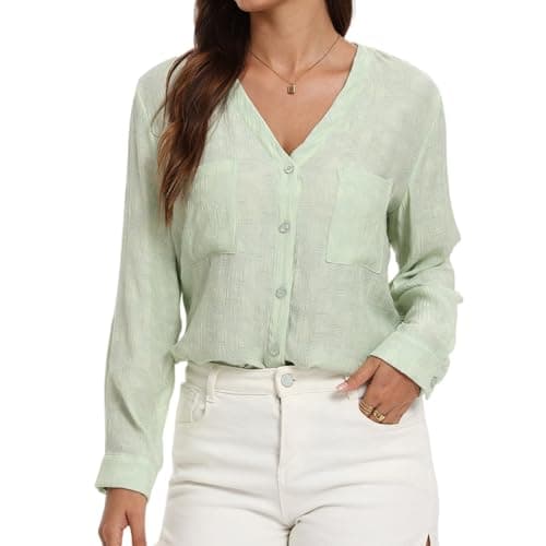 Women's Long Sleeve V Neck Floral Embroidered Button Down Blouse Lightweight Boho Shirts for Office Vocation Large YG080 Light Green L - Image 1