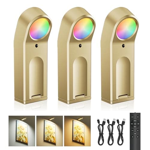 AIFEI Picture Lights for Wall: Compact Rechargeable Wireless Art Light with Remote Timer, 65H Battery Operated Poster Lights - Dimmable 3 Color Temps & 8 RGB for Paintings Gallery Frames Brass, 3 Pack - Image 1