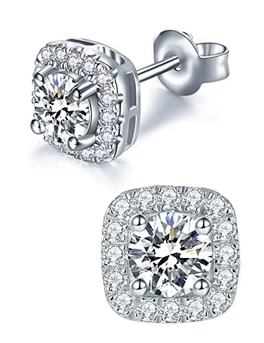 IMOLOVE Moissanite Stud Earrings Lab Created Moissanite Earrings in Sterling Silver Trendy Square Halo Earrings for Women Men D Color Round Cut - Image 1