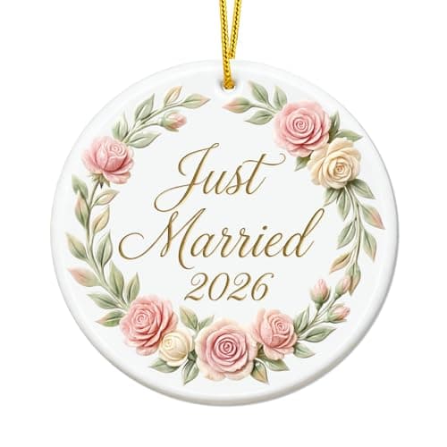 WhatSign Just Married 2026 Wedding Ornament - Elegant Pink Rose Wreath Ceramic Keepsake, Double-Sided Wedding Gifts for Couples 2026, Newlyweds Engagement Anniversary Decorative Hanging Ornament - Image 1