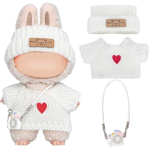 Vintay Handmade White Knit Doll Clothes for Labubu 17cm – Cute Sweater + Hat + Camera (3-Piece), Machine Washable Soft Yarn, Gift Box Ready, Stylish Doll Outfits for Photography (No Doll)