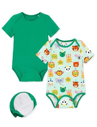 PATPAT Bamboo Viscose Baby Bodysuits 2 Pack, Easy Swap Design (No Snaps/Zippers) - Short Sleeve Newborn Infant Boys Girls, Quick Diaper Change Clothes Party Animals 3-6 Months - Image 1