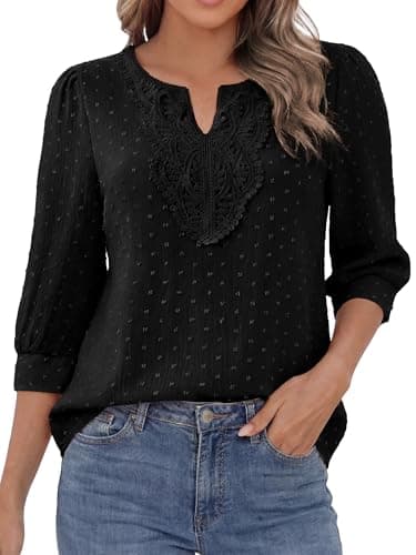 Funlingo 3/4 Sleeve Boho Tops for Women Dressy Casual V Neck Blouses Flowy Swiss Dot Lace Shirts 2026 Spring Bohemian Clothes Black XL - Image 1